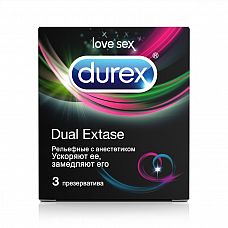<strong>Рельефные презервативы с анестетиком Durex Dual Extase - 3 шт.</strong> <br />
Специальный гель-смазка для продления удовольствия.<div class="charTableblock"><div><span>Производитель</span>: Durex, Великобритания</div></div> Рельефные презервативы с анестетиком Durex Dual Extase - 3 шт.
Специальный гель-смазка для продления удовольствия.