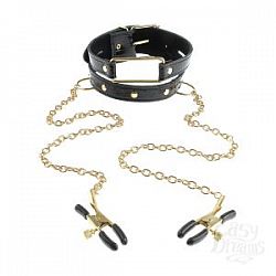 Чёрный с золотом ошейник с зажимами на соски Gold Collar and Nipple Clamps Чёрный с золотом ошейник с зажимами на соски Gold Collar and Nipple Clamps