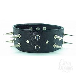 Чёрный кожаный ошейник с длинными шипами и клёпками Чёрный кожаный ошейник с длинными шипами и клёпками